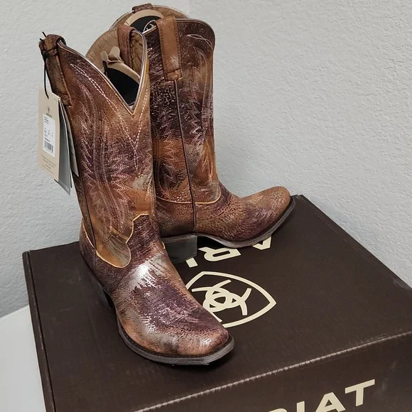 Ariat Circuit Salem Brushed Silver Leather Block Heel Western Boots size 6.5 - Picture 4 of 9
